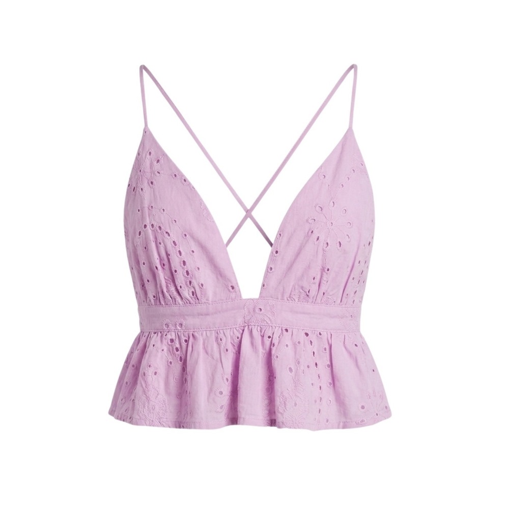 Sky to Moon Perry Eyelet Crop Top Lavender Pink Tie Back Peplum Medium NWT